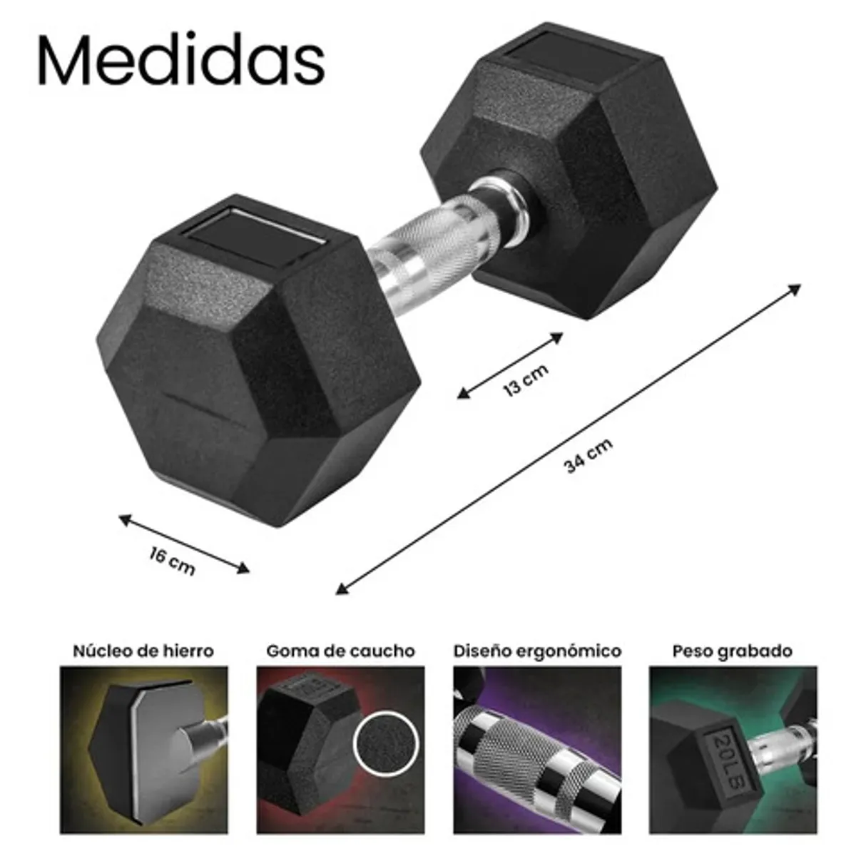 HAZ TU CLICK - Mancuerna Hexagonal 15kg Acero Y Caucho Pesa Color Negro Negro