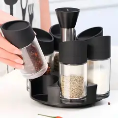 GENERICO - Especiero Giratorio Con 6 Frascos Condimenteros Negro