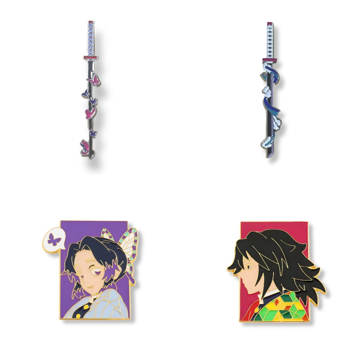 GENERICO - Pack 4 Pines Giyu Tomioka y Shinobu Kocho - Katana + Retrato / Demon Slayer