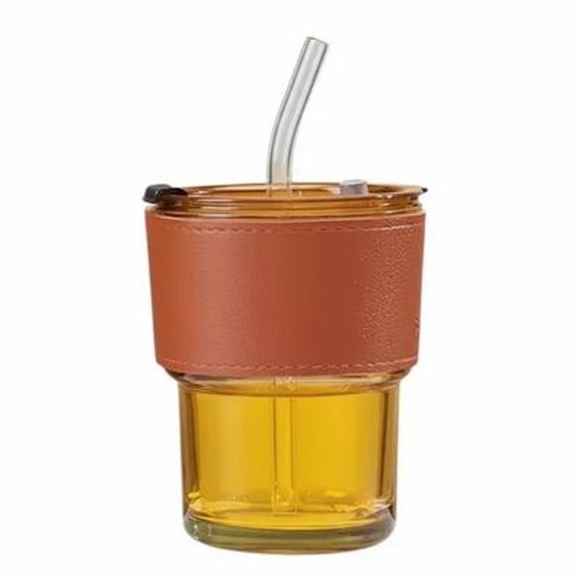 GENERICO - Vaso De Vidrio 350ml Con Bombilla Y Tapa Hermética Marrón