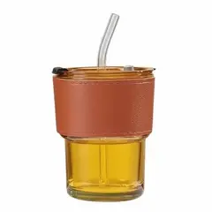 GENERICO - Vaso De Vidrio 350ml Con Bombilla Y Tapa Hermética Marrón