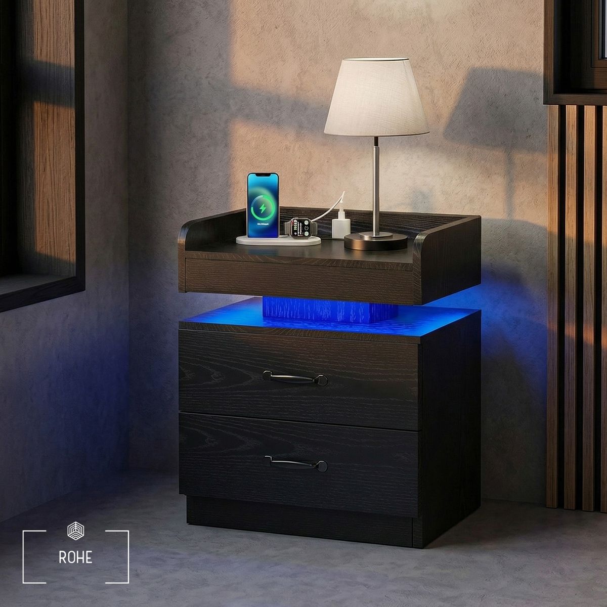 ROHE - Velador Con Luz Variable Con 2 Cajones 45×35×52 cm Negro