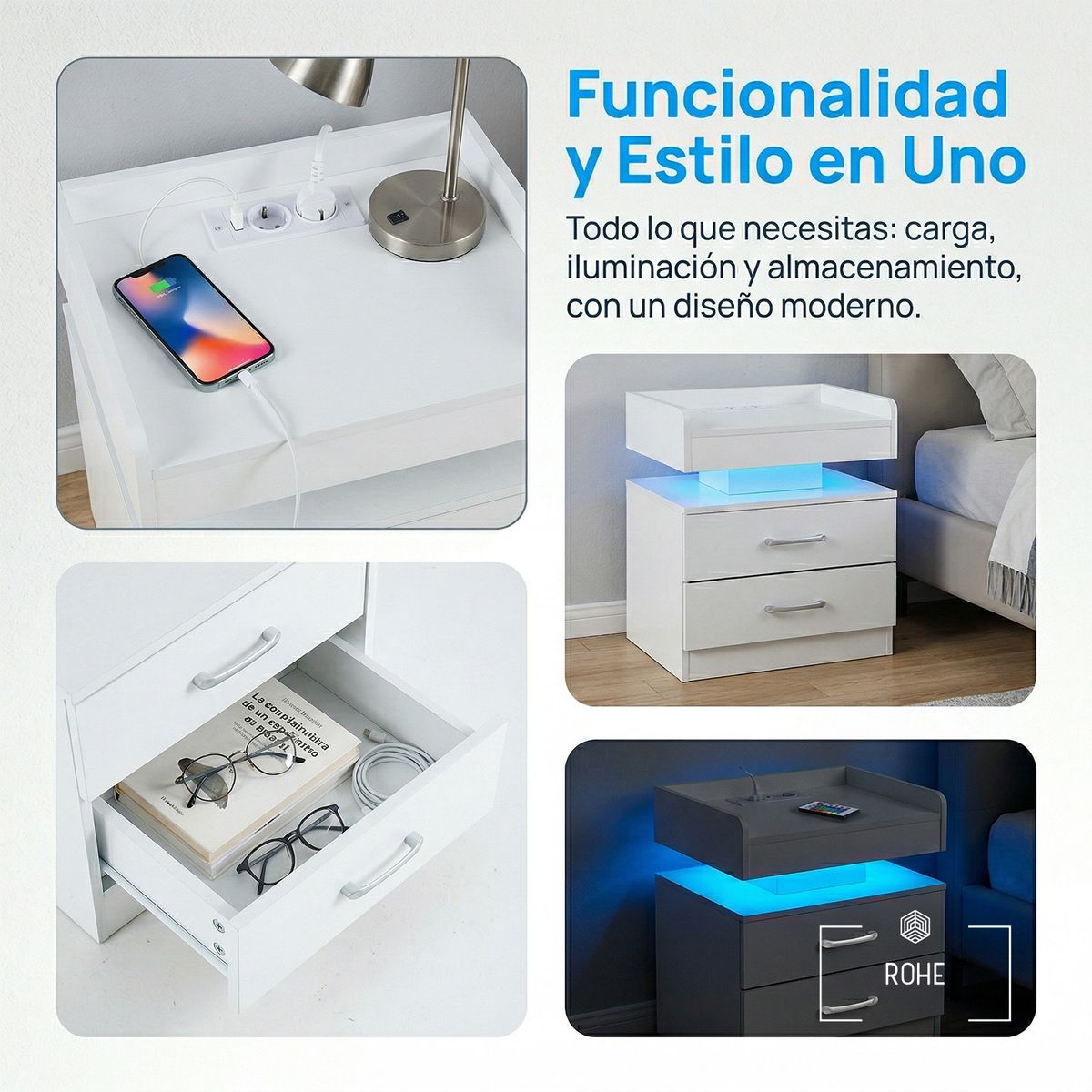 ROHE - Velador Con Luz Variable Con 2 Cajones 45×35×52 cm Negro