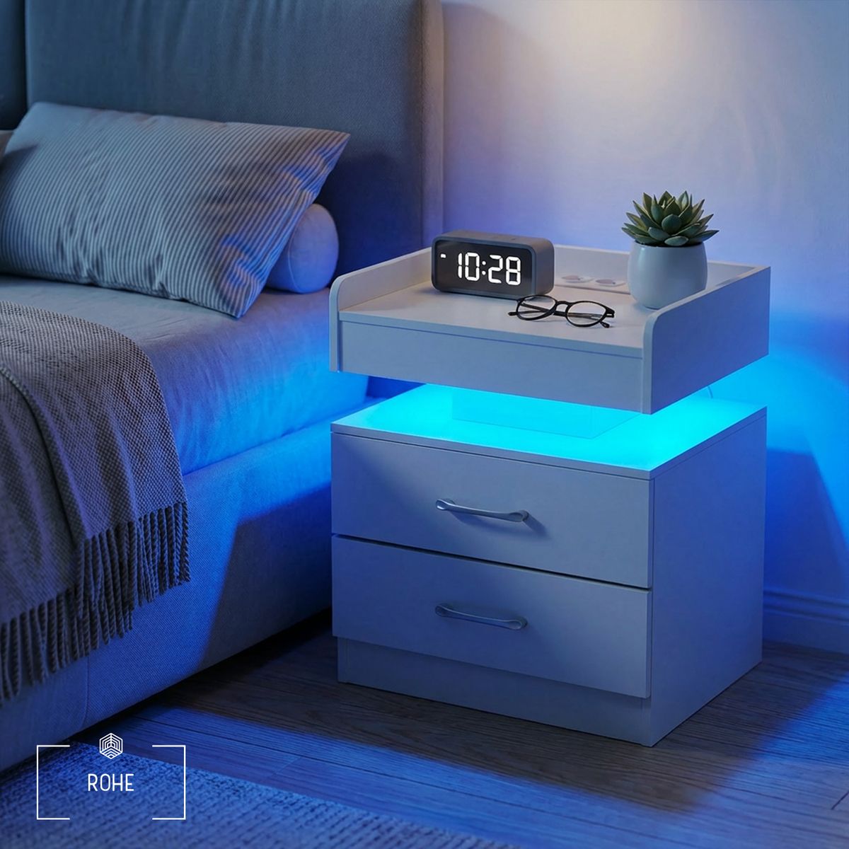 ROHE - Velador Con Luz Variable Con 2 Cajones 45×35×52 cm Blanco