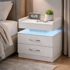 ROHE - Velador Con Luz Variable Con 2 Cajones 45×35×52 cm Blanco