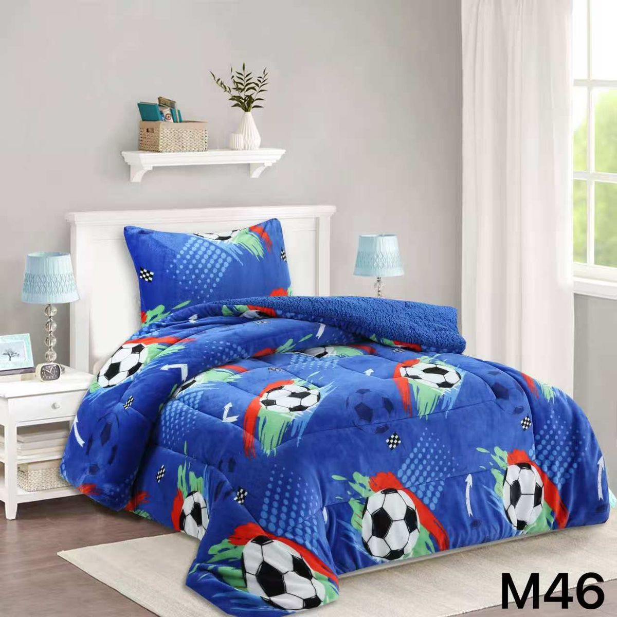 GENERICO - Cobertor Chiporro Invierno 1.5 Plazas + 1 Funda de Almohada - Azul Balones M46