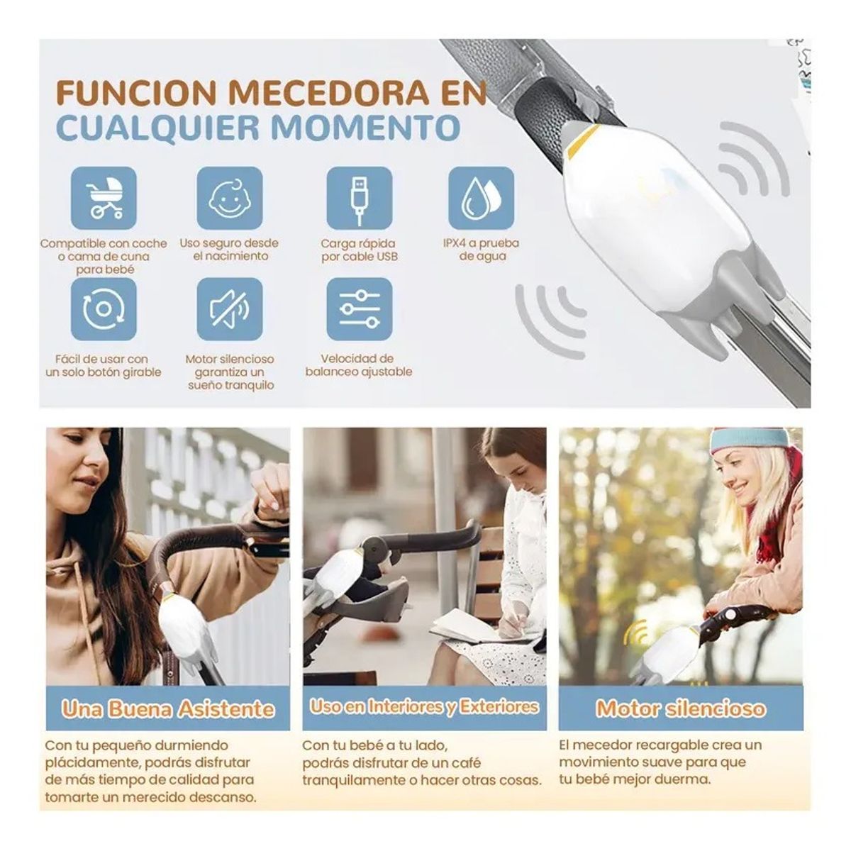 METEX - Mecedor Recargable Para Coche De Bebé Mece Automáticamente