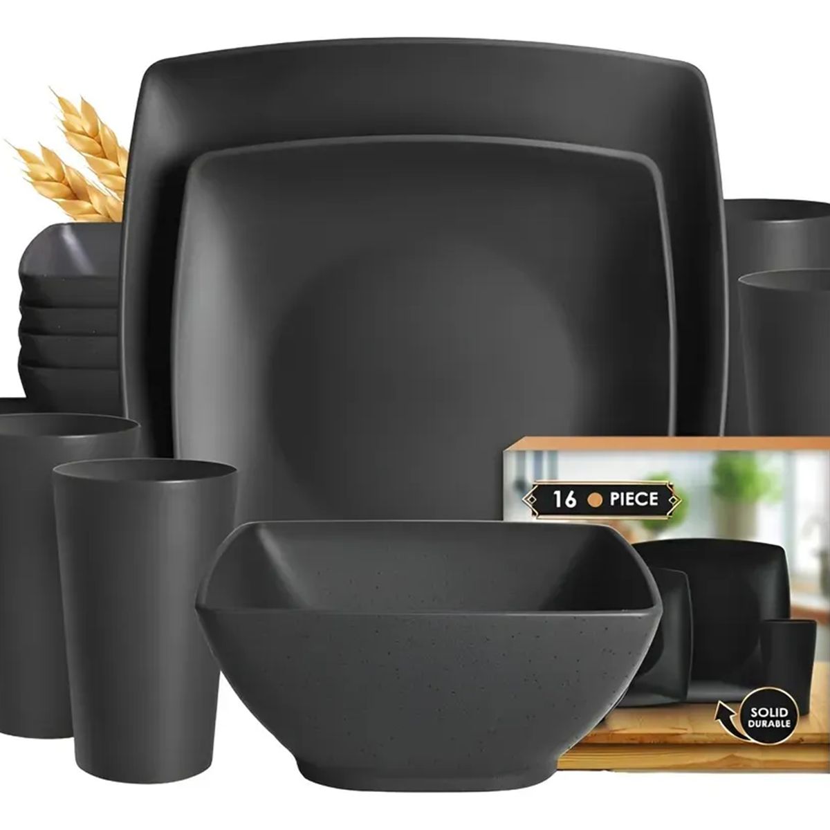 GENERICO - Kit 16 Cuadrada Vajilla Juego Cocina Paja Trigo Plato Tazas Negro