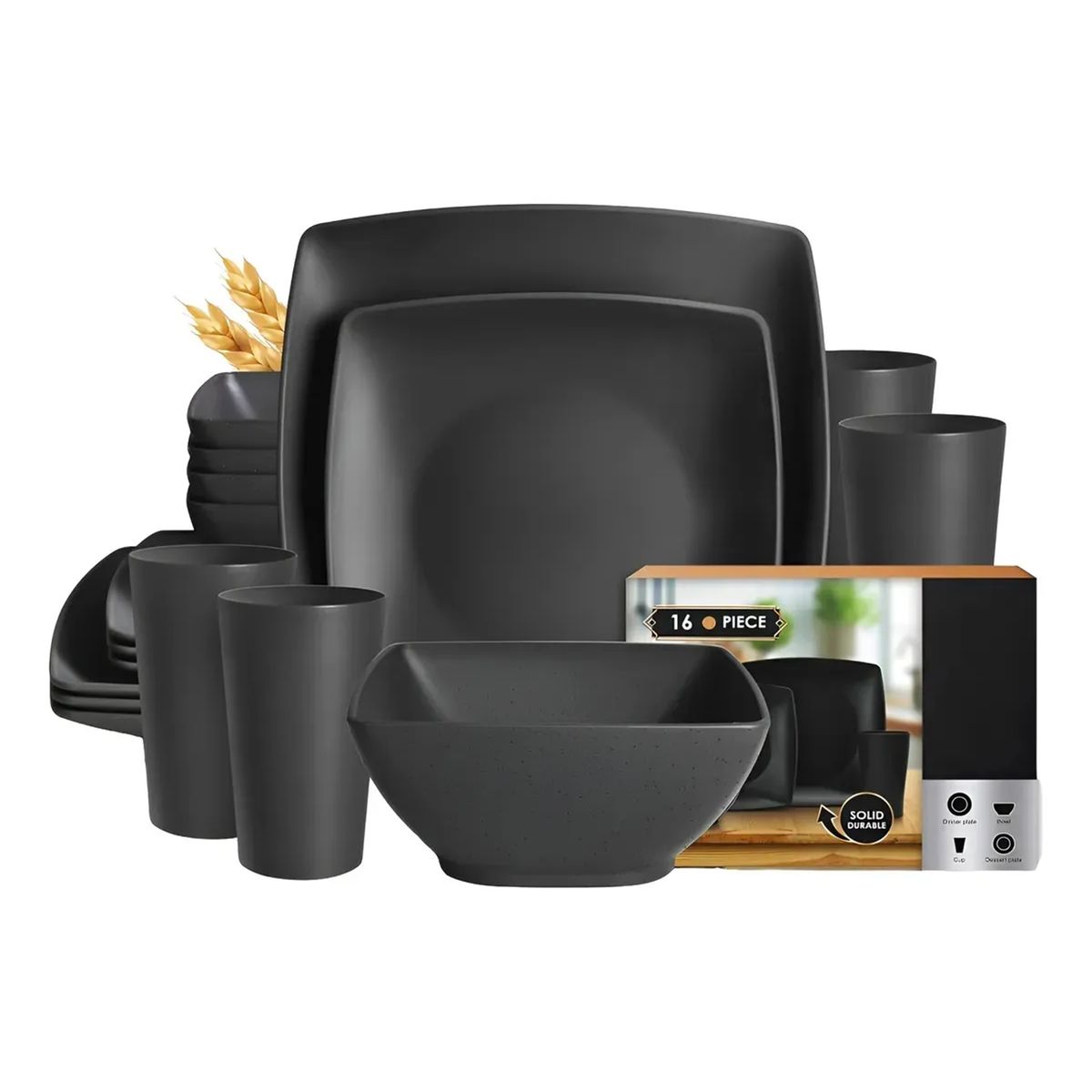 GENERICO - Kit 16 Cuadrada Vajilla Juego Cocina Paja Trigo Plato Tazas Negro
