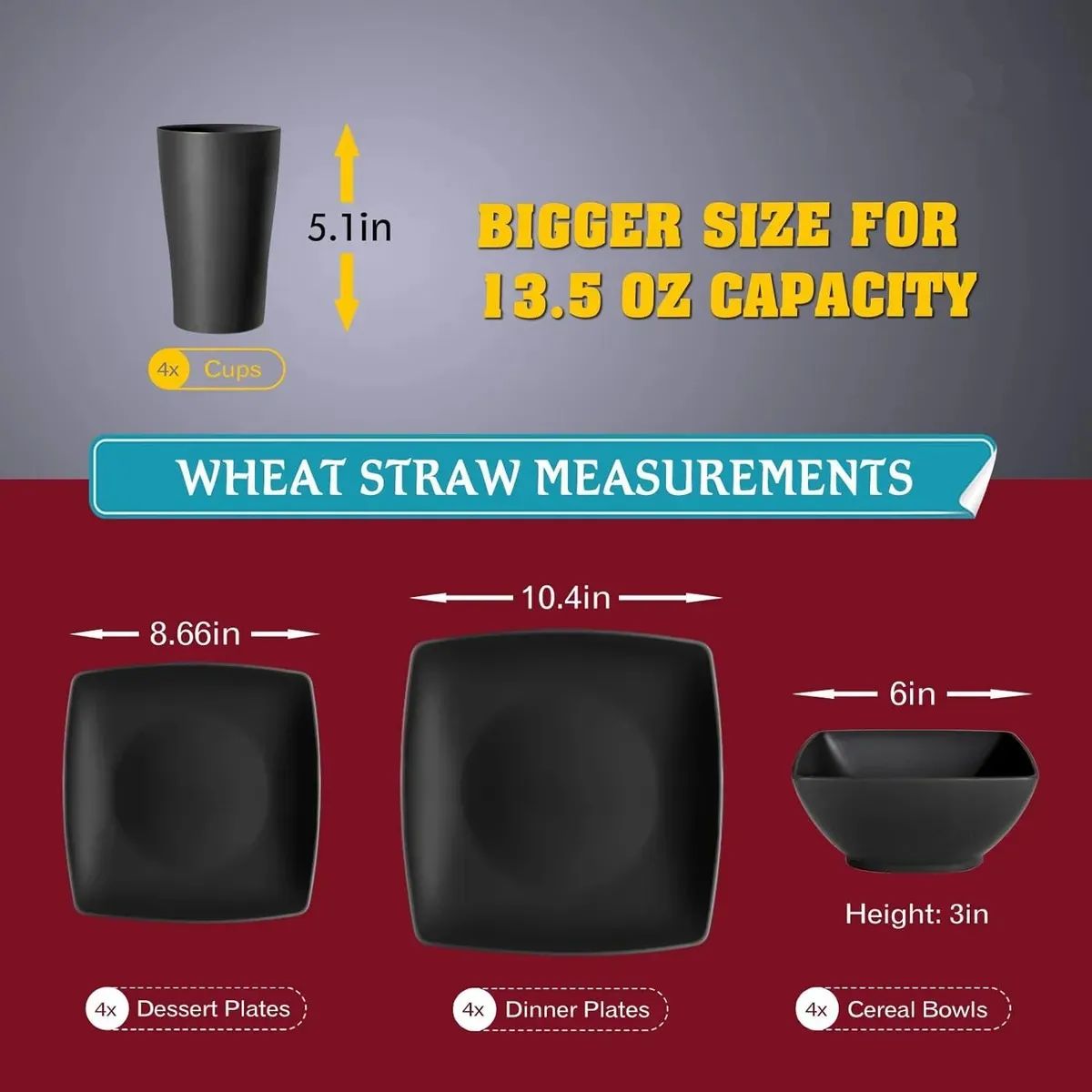 GENERICO - Kit 16 Cuadrada Vajilla Juego Cocina Paja Trigo Plato Tazas Negro
