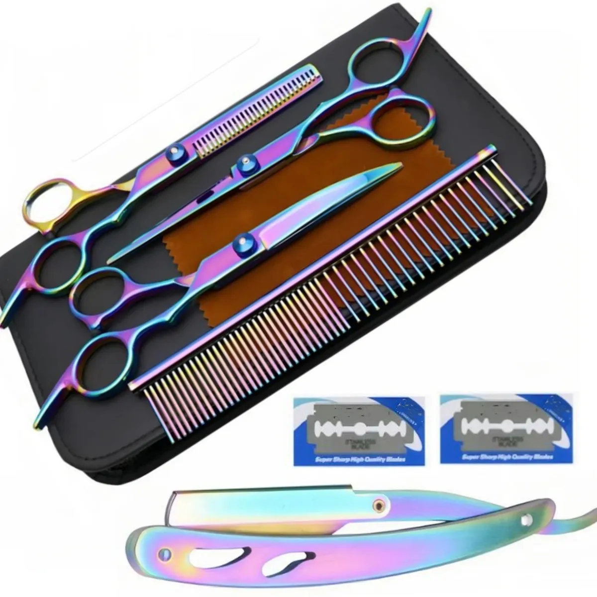KUANGYE - Set Tijeras Para Corte De Pelo Filo Navaja + Peine Y Estuche Tonasol Con Estuche