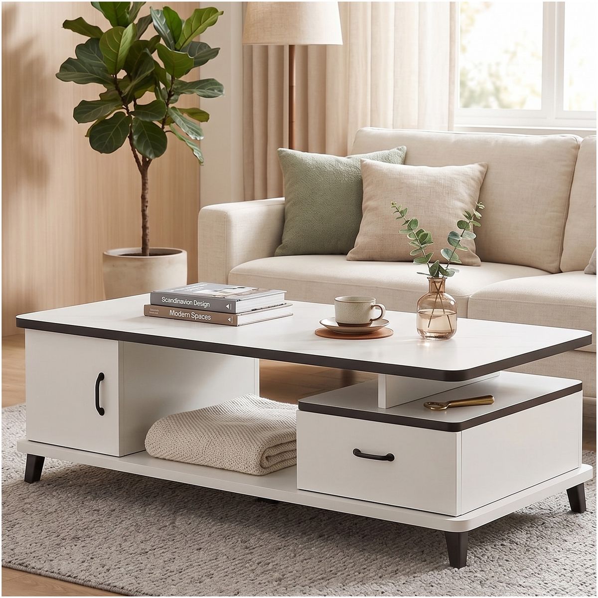 ROHE - Mesa de Centro 100x48x41 cm con Cajón y Puerta Blanco