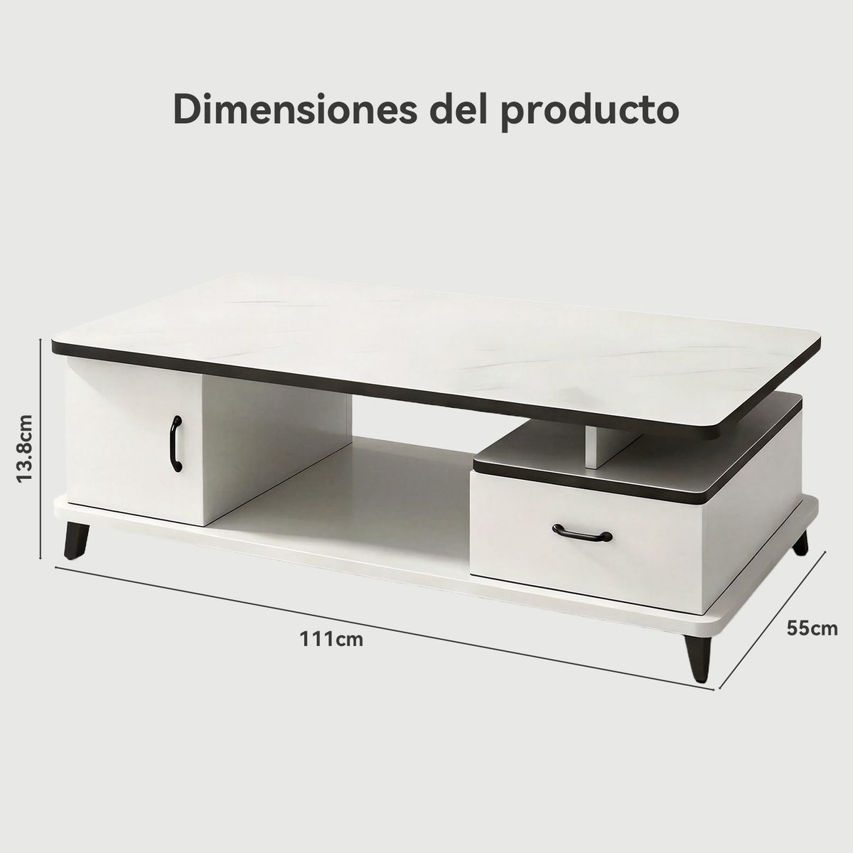 ROHE - Mesa de Centro 100x48x41 cm con Cajón y Puerta Blanco