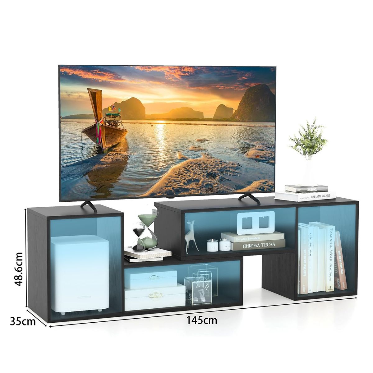 ROHE - Rack TV 55” 145x35x49cm Extensible con Luz RGB Negro