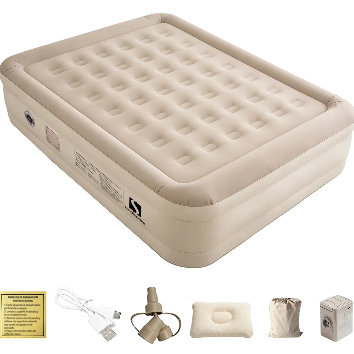 SUPERCENTER - Colchón Inflable Eléctrico Queen 2 Plazas Con Almohada Beige