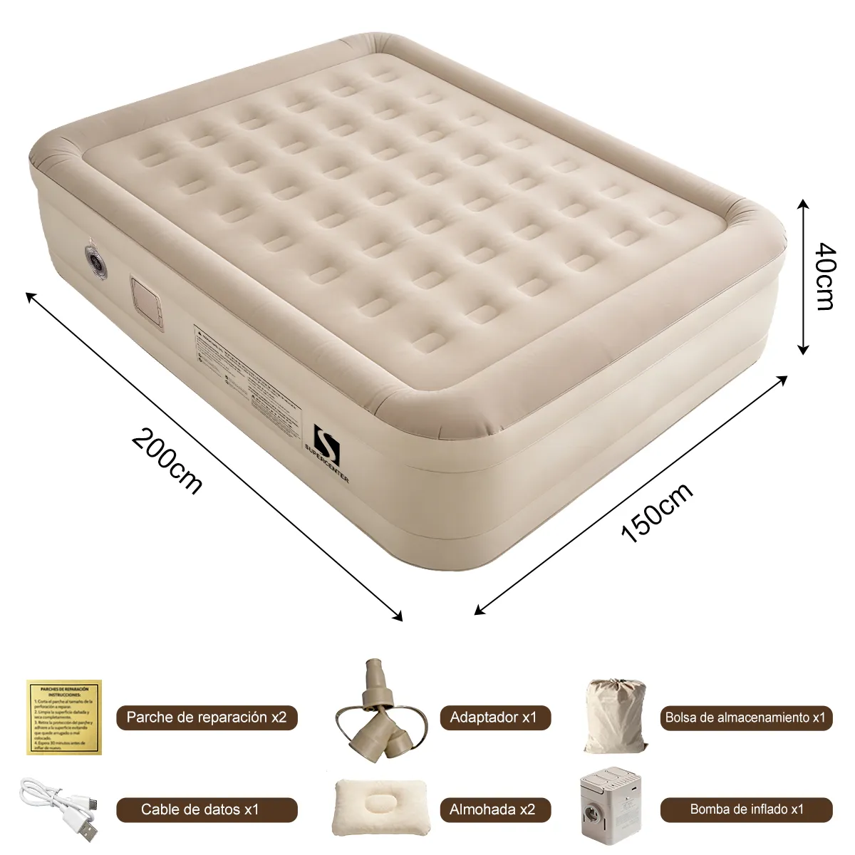 SUPERCENTER - Colchón Inflable Eléctrico Queen 2 Plazas Con Almohada Beige