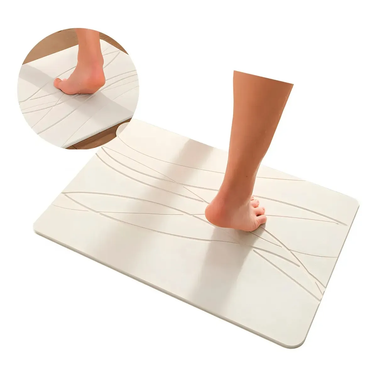 KUANGYE - Alfombra Salida De Baño Absorbente Piedra Diatomita 60x39cm Blanco Rayas