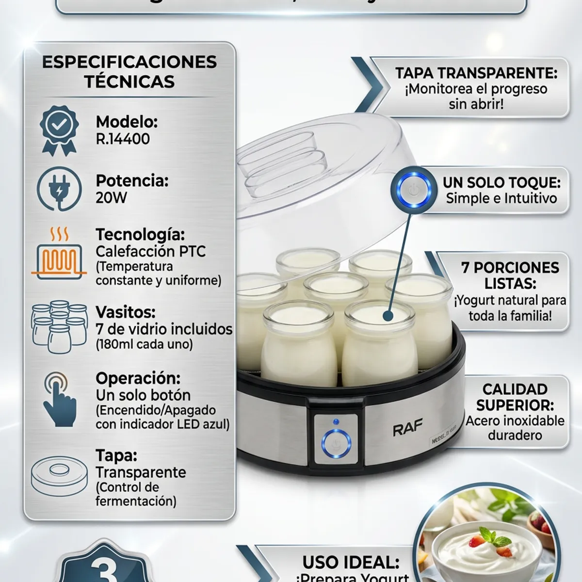 RAF - Yogurtera Electrica RAF 7 Vasitos Vidrio 20W Yogurt Casero Natural Saludable PTC