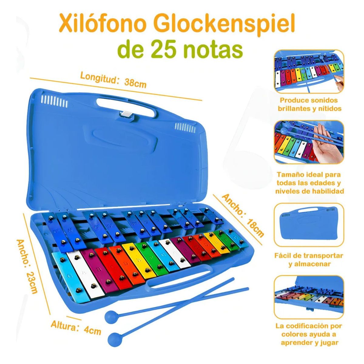 GENERICO - Xilófono Metalófono Cromático Azul 25 Notas Con Estuche