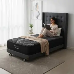 BLOCCARE - Cama 1 Plaza Box 13cm - L200cm + Colchon Black Prime - Modelo Uno + Respaldo /Con Rueda Divan (Gris)