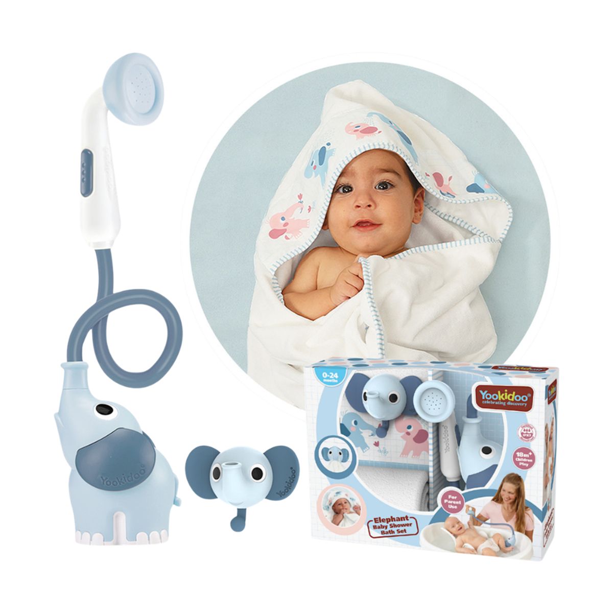 YOOKIDOO - Set de Baño Ducha Infantil Elefante y Toalla Azul Niño Yookidoo
