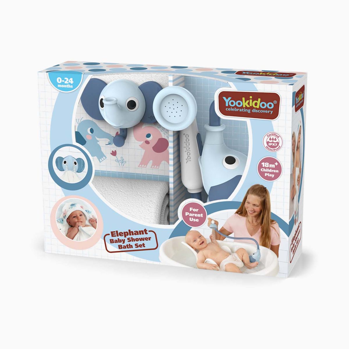 YOOKIDOO - Set de Baño Ducha Infantil Elefante y Toalla Azul Niño Yookidoo