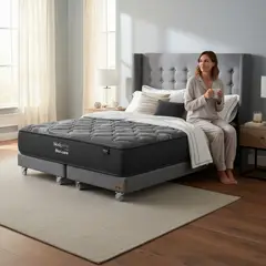 BLOCCARE - Cama 2 Plaza Box 13cm - L190cm + Colchon Black Prime - Modelo Uno +Respaldo /Con Rueda Divan(Gris)