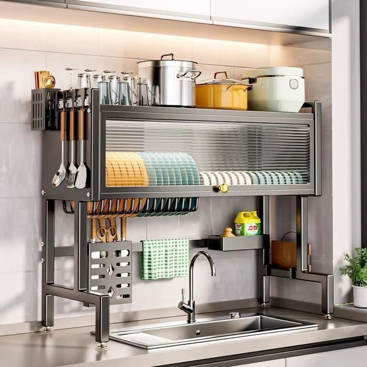 MOVI - Secaplatos con Puerta y Soporte para Accesorios  Organizador de Cocina Multifuncional