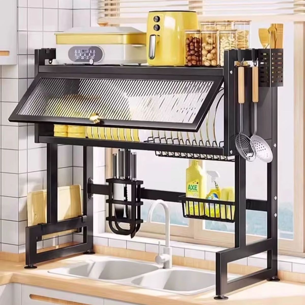 MOVI - Secaplatos con Puerta y Soporte para Accesorios  Organizador de Cocina Multifuncional