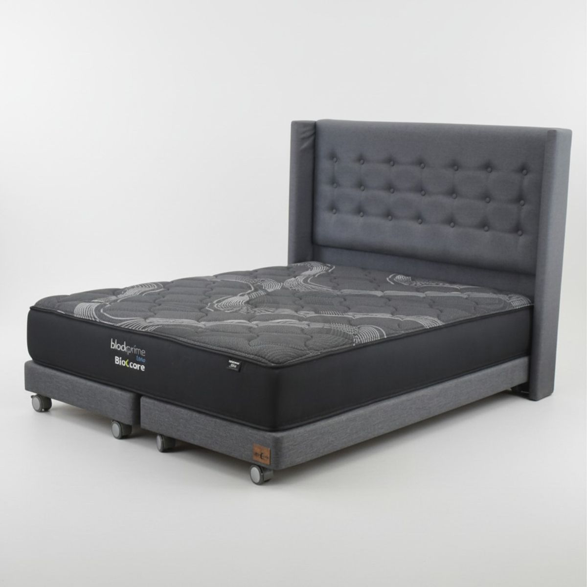 BLOCCARE - Cama King Box 13cm - L200cm + Colchon Black Prime - Modelo Uno + Respaldo Con Rueda LogoGris