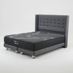 BLOCCARE - Cama King Box 13cm - L200cm +Colchon Black Prime - Modelo Uno + Respaldo/Con Rueda Deluxe(Gris)