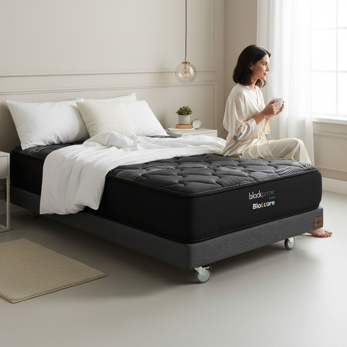 BLOCCARE - Cama 1 Plaza  Box 13 cm - L200 cm  + Colchon Black Prime - Modelo Uno /Con Rueda Logo (Gris)