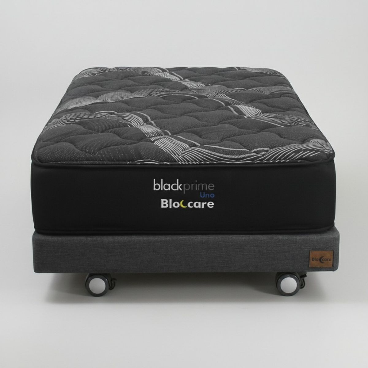 BLOCCARE - Cama 1 Plaza  Box 13 cm - L200 cm  + Colchon Black Prime - Modelo Uno /Con Rueda Logo (Gris)
