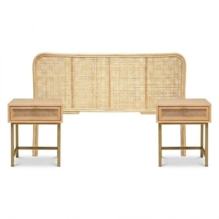 Set Respaldo 2 Plazas + Veladores Madera Ratan