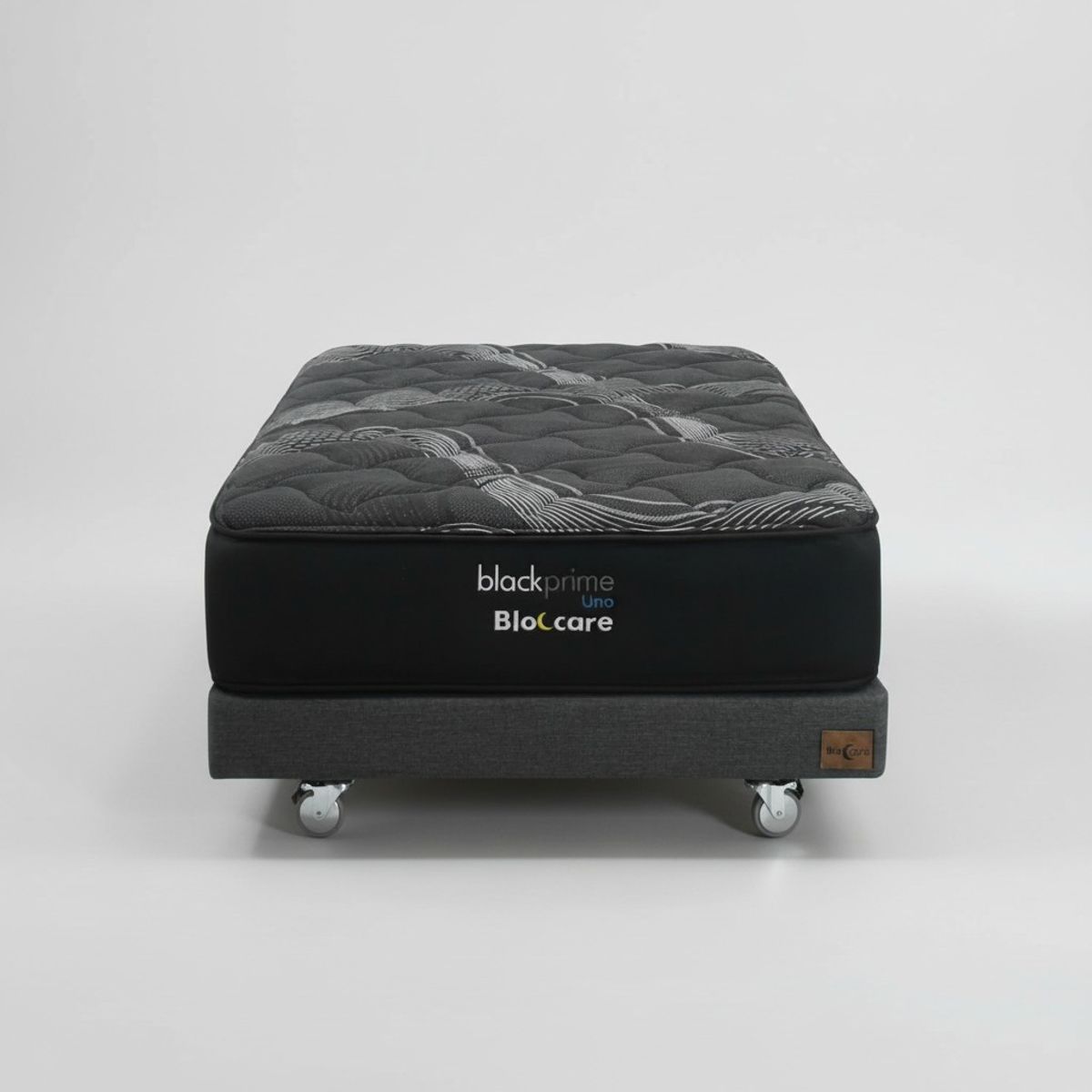 BLOCCARE - Cama 1.5 Plaza Box 13 cm - L200 cm  + Colchon Black Prime - Modelo Uno/Con Rueda Pyton(Gris)