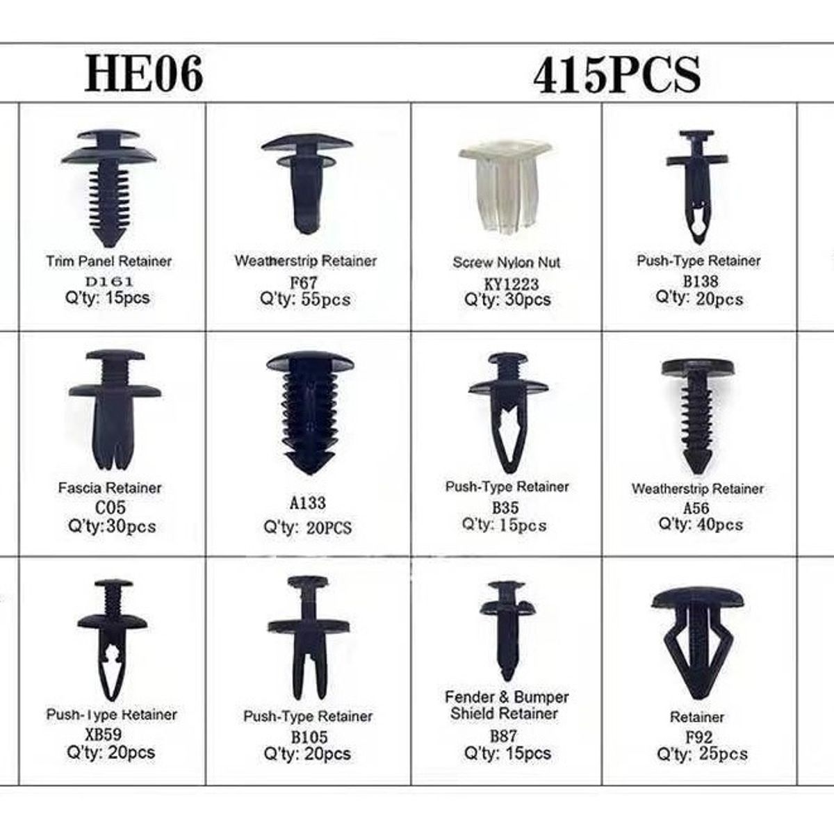 GENERICO - Set 415 Clips Broches Puerta Parachoque Auto Tapabarro Reten 213156