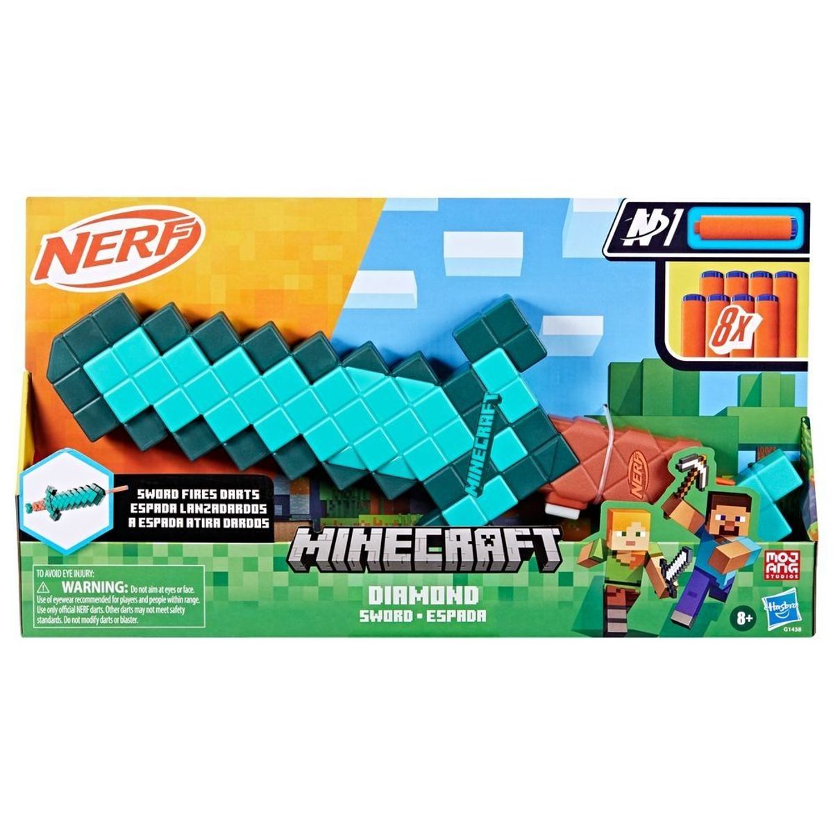 NERF - Lanzador Nerf Minecraft Espada Lanzadardos 8 Dardos