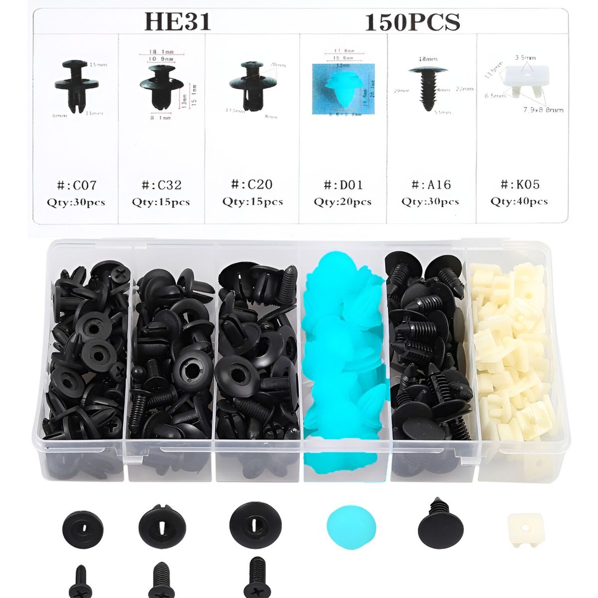 GENERICO - Caja 150 Clips Fijacion Broche Retencion Plastico Tapabarro 212025 C32
