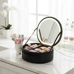 GENERICO - Maleta De Maquillaje Con Espejo Luz Led Organizador Redondo Negro