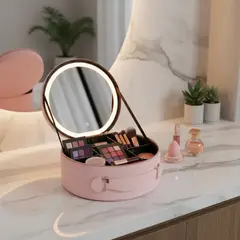 GENERICO - Maleta De Maquillaje Con Espejo Luz Led Organizador Redondo Rosa