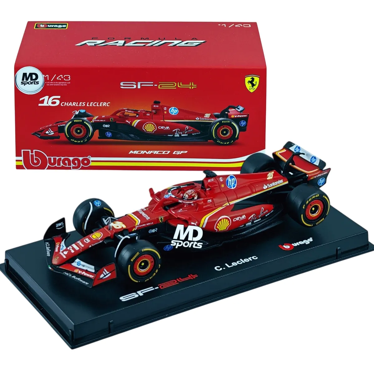 BBURAGO - Auto F1 Ferrari SF-24 Monaco GP 2024 #16 Charles Leclerc Caja Acrilica Burago 1:43