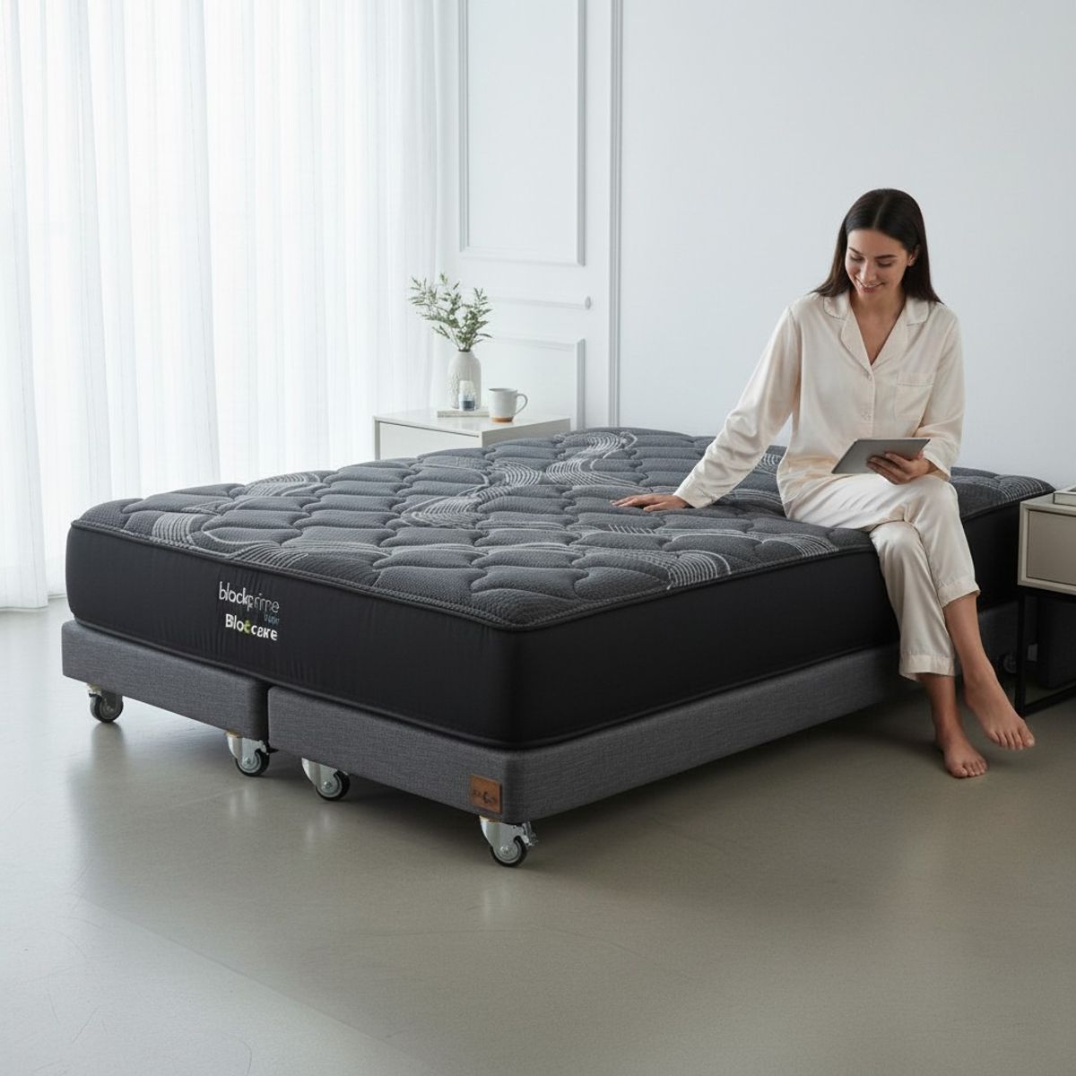 BLOCCARE - Cama King Box 13cm - L200 cm  + Colchon Black Prime - Modelo Uno /Con Rueda Deluxe(Gris)