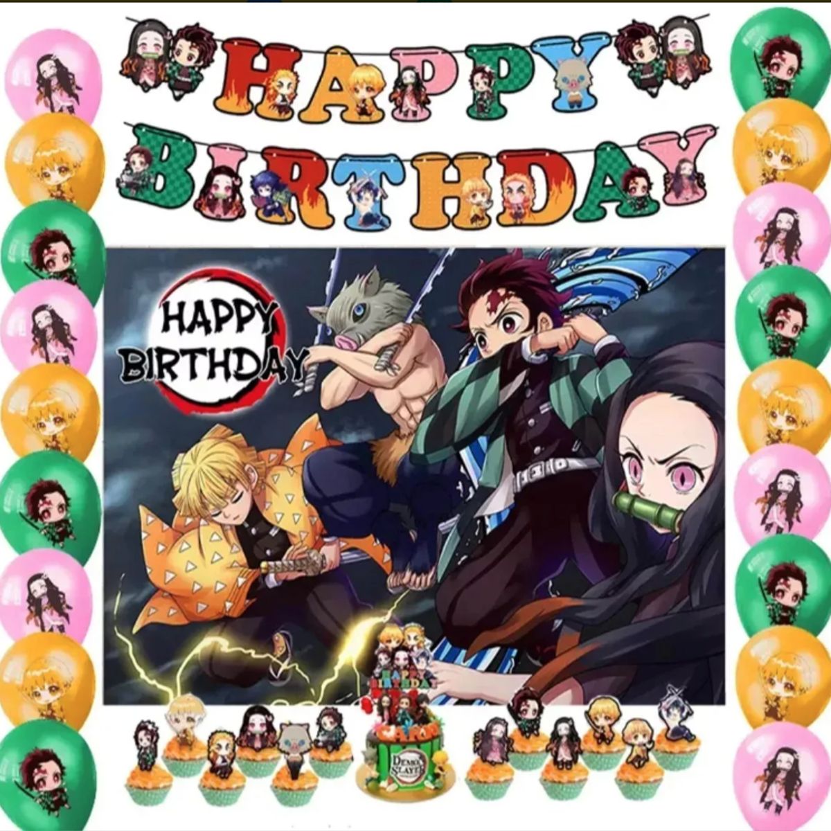GENERICO - Kit Decoracion Cumpleaños Demon Slayer + Fondo 125x80