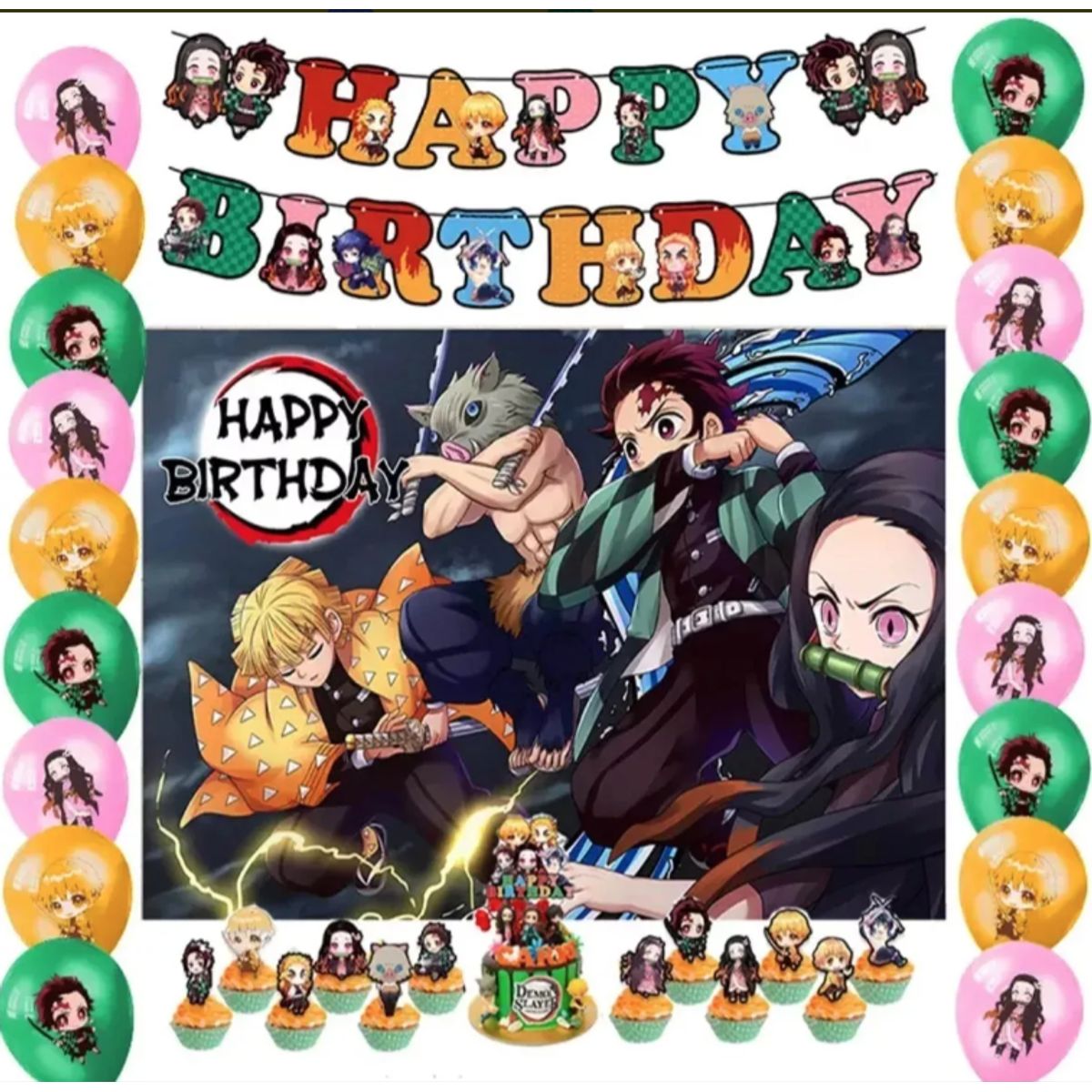 GENERICO - Kit Decoracion Cumpleaños Demon Slayer + Fondo 125x80
