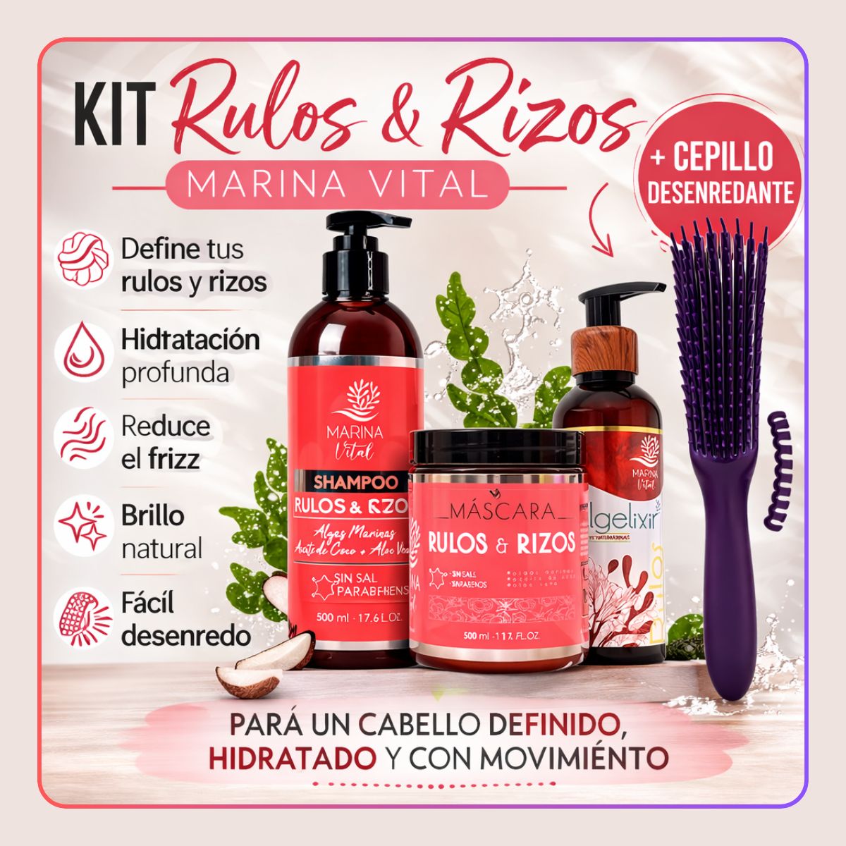 MARINA VITAL - Shampoo, Máscara Y Locion Rulos Y Rizos Marina Vital+cepillo