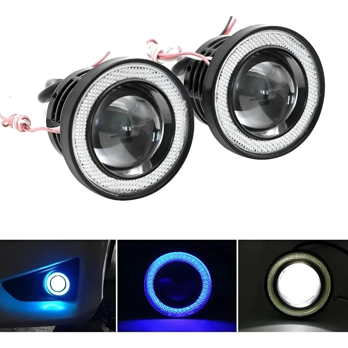 GENERICO - X2 Foco Neblinero Led Ojos De Ángel Blanco Y Aro Azul 64mm