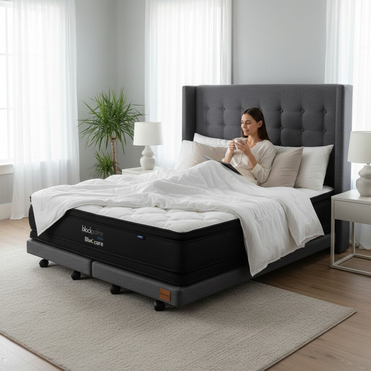 BLOCCARE - Cama 2 Plaza Box 13cm - L190cm  + Colchon Black Prime - Modelo Dos+ Respaldo /Con Rueda Logo (Gris)