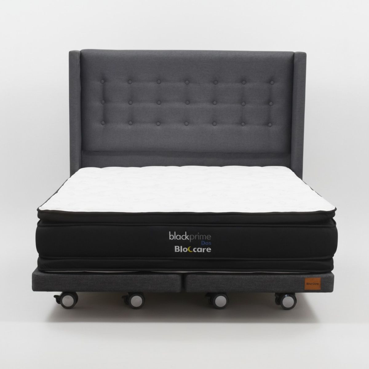 BLOCCARE - Cama 2 Plaza Box 13cm - L190cm  + Colchon Black Prime - Modelo Dos+ Respaldo /Con Rueda Logo (Gris)