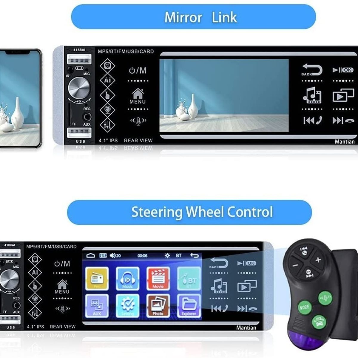 GENERICO - Radio Auto 1 Din Con Pantalla 4.1 Bluetooth + Mando Volante 213174 C46