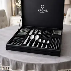 BOHEMIK - Set Mantel redondo 220 cm gris y Cuchillería 72 piezas para 12 personas